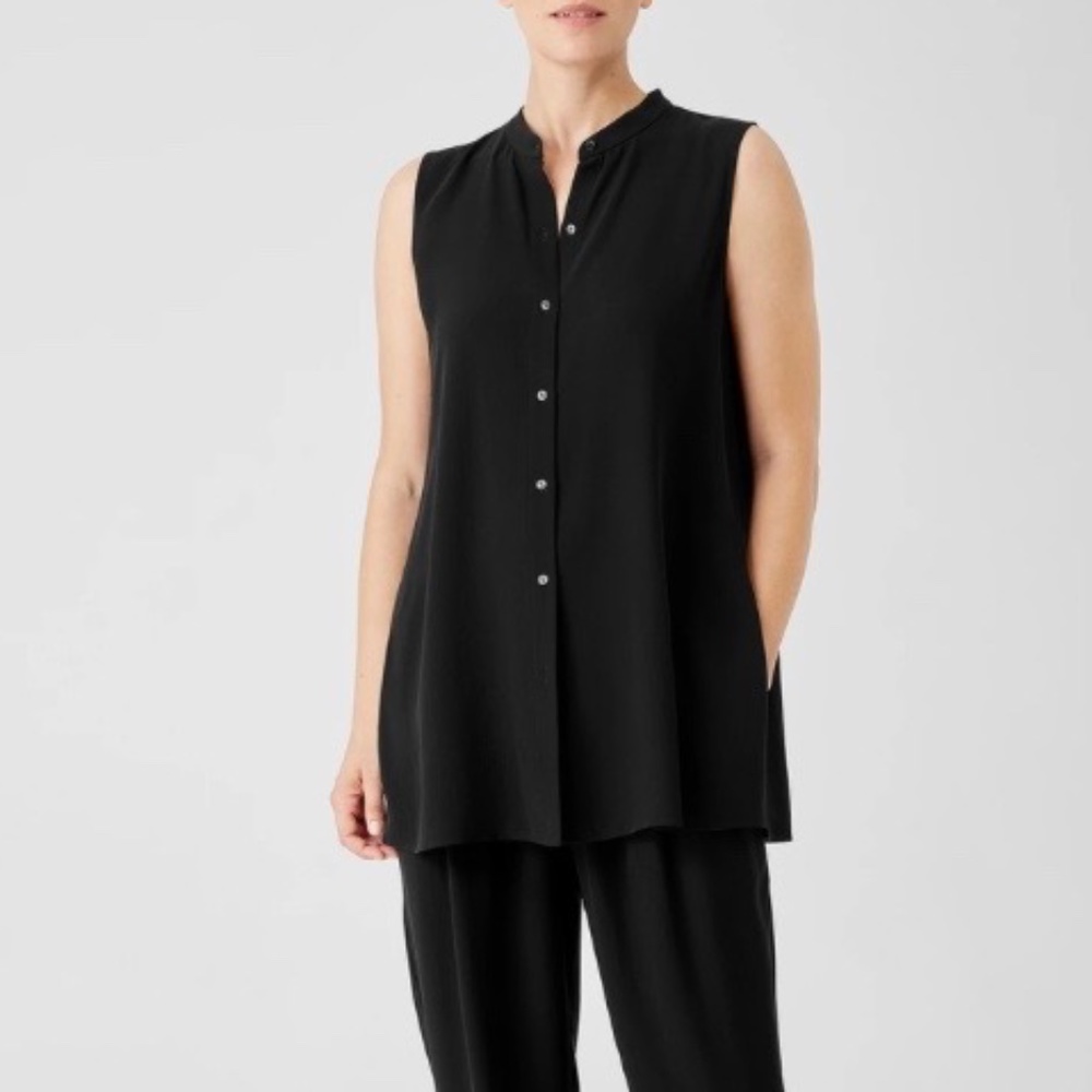 EILEEN FISHER Black Sheer Sleeveless Button Down Tunic w/Mandarin Collar - LARGE